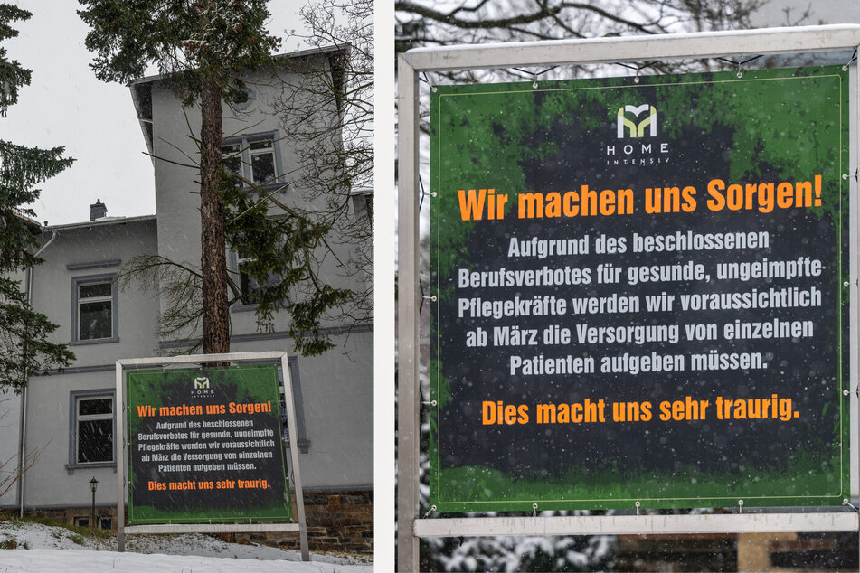 Hilferuf: Dieses Plakat vor der "Home intensiv"-Pflegeeinrichtung in Freiberg macht auf die Situation in der Pflegebranche aufmerksam.
