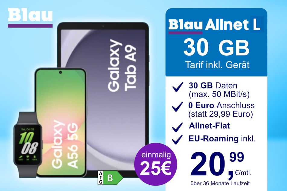 Das Samsung Galaxy A56 + Tab A9 und Fit 3 im Blau Allnet L für einmalig 25 Euro.