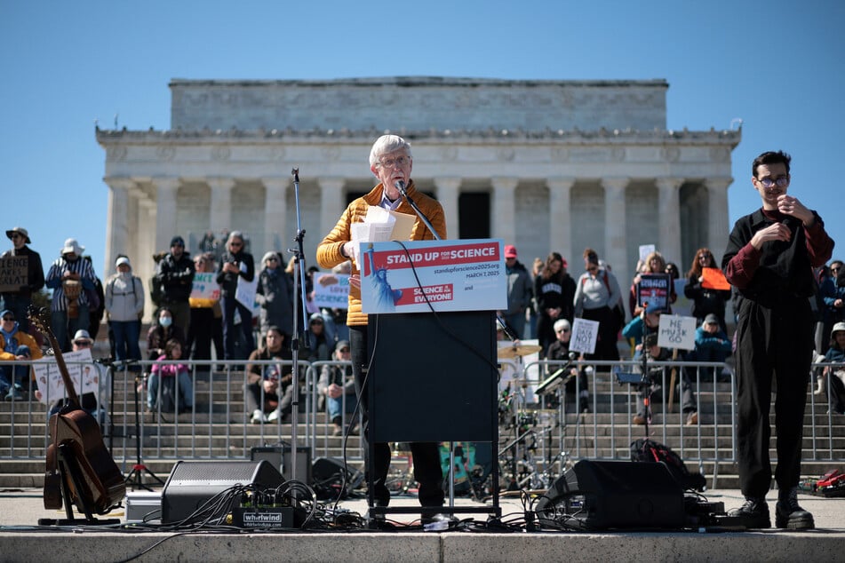 Former Director of the National Institutes of Health Francis Collins speaks during the Stand Up for Science 2025 rally at the Lincoln Memorial on Friday in Washington, DC.