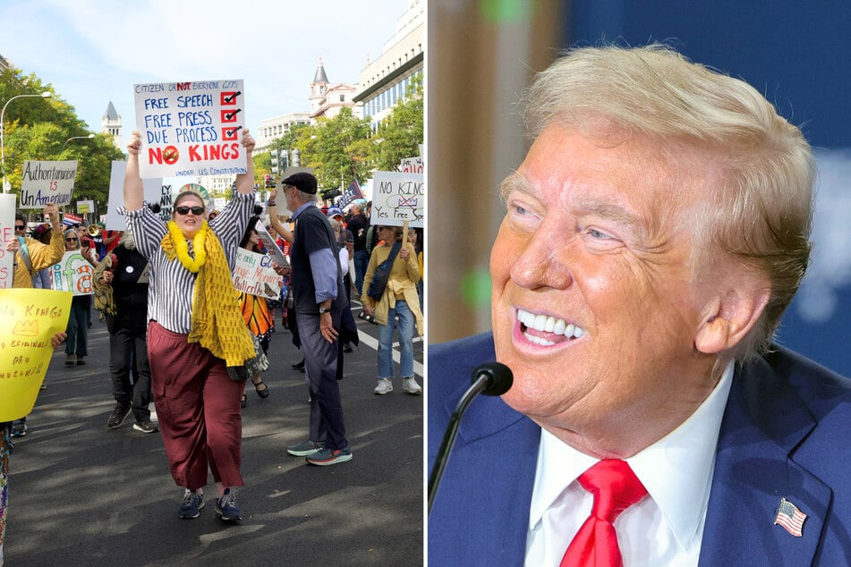 On Saturday, President Donald Trump (r.) shared a bizarre AI video on social media of himself dropping brown sludge on No Kings protesters.