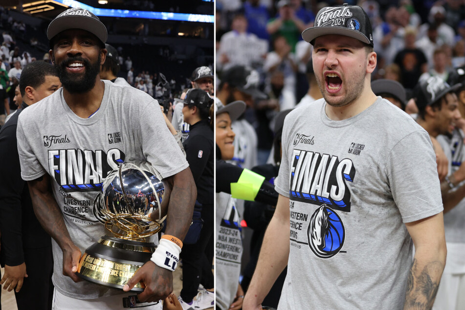 Kyrie Irving (l.) and Luka Doncic of the Dallas Mavericks celebrate after winning the Western Conference Finals against the Minnesota Timberwolves.