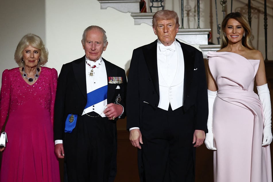 (From l. to r.) Queen Camilla, King Charles, President Trump, and First Lady Melania Trump pictured at Tuesday's state dinner.