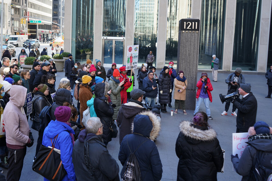 Comptroller Brad Lander gave a speech to the crowd at the HarperCollins Union rally.