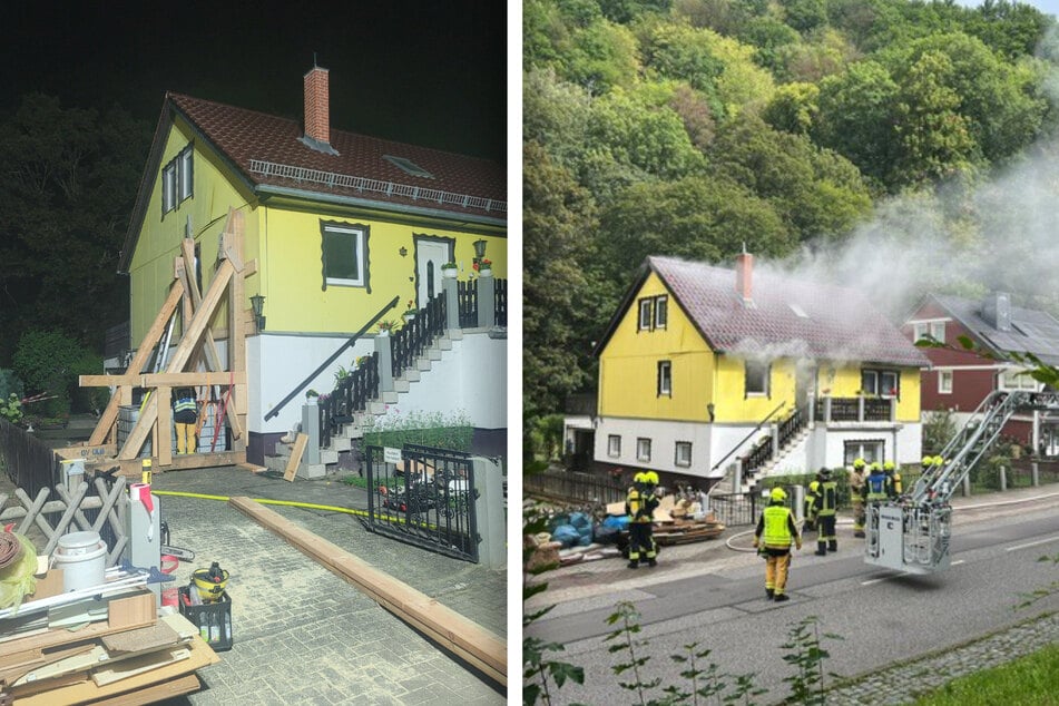 Nach dem Brand eines Einfamilienhauses musste die linke Gebäudeseite stabilisiert werden.
