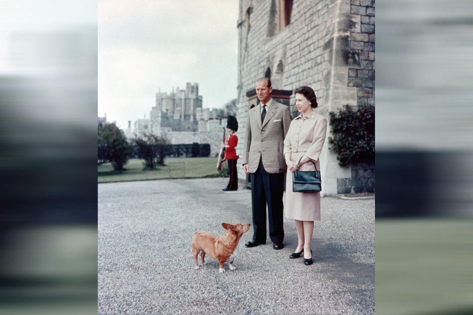 2. Juni 1959: Königin Elizabeth II. und Prinz Philip, Herzog von Edinburgh, stehen mit dem Corgi Sugar vor Windsor Castle.