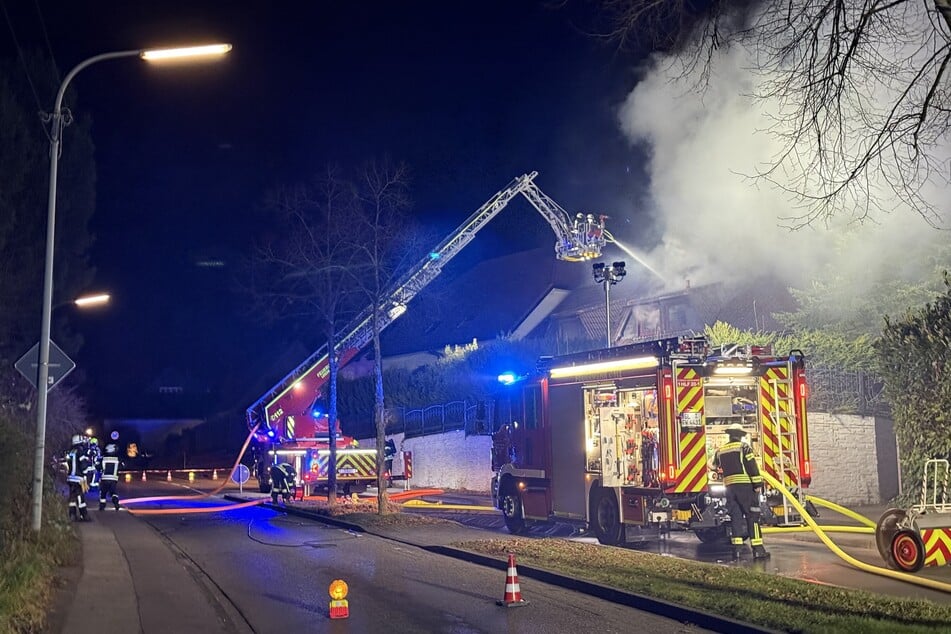 Mithilfe einer Drehleiter wurde das Flammenmeer bekämpft.