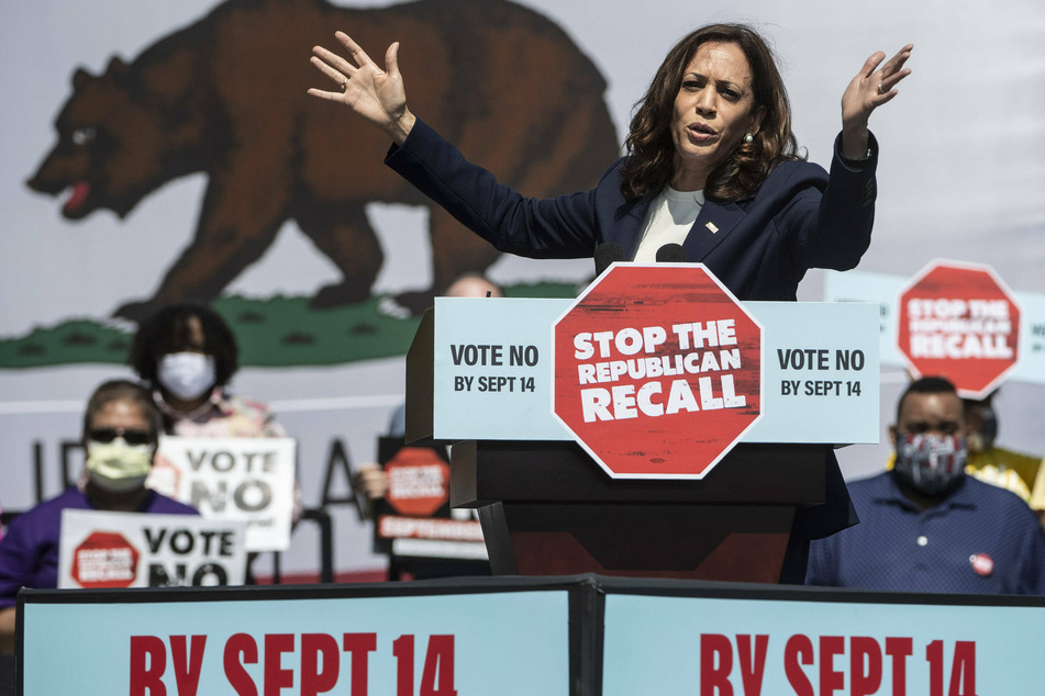 Harris slammed GOP efforts to restrict voters', women's, workers', and immigrants' rights and praised Newsom's leadership abilities.