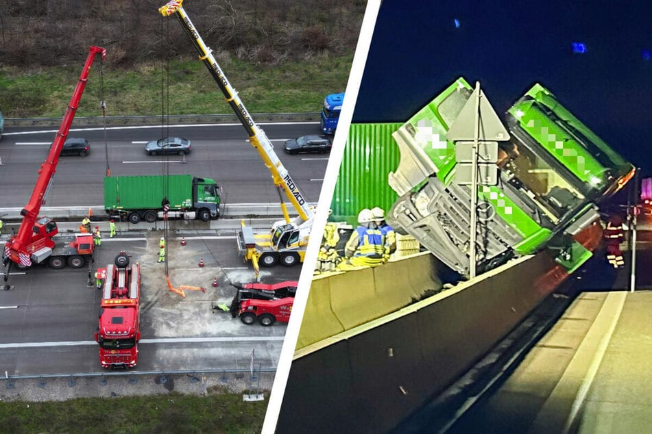 Unfall A5: Großeinsatz auf der A5: Laster bleibt in Mittelplanke stecken!