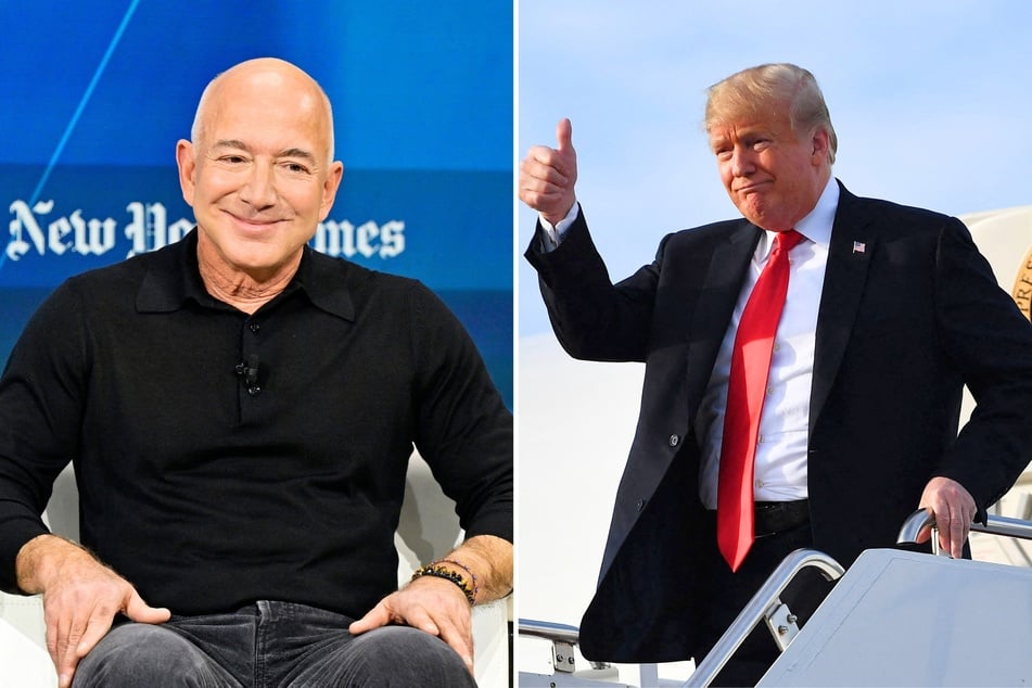 Amazon and CEO Jeff Bezos (l.) are reportedly planning to soon donate $1 million to Donald Trump's Inauguration fund, following in rival company Meta's footsteps.