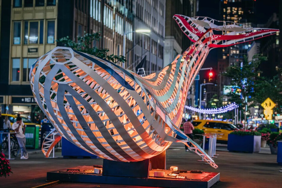 A 55-foot-long steel whale has taken up residence in the Garment District.