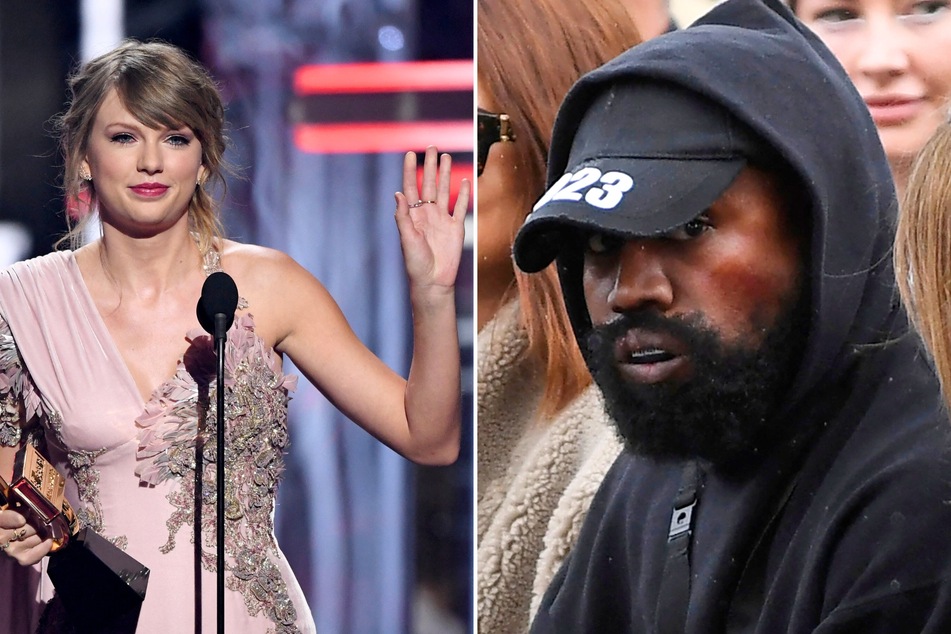 A former NFL player has sparked a rumor that pop star Taylor Swift had Kanye West (r.) removed from the Super Bowl, but is it true?