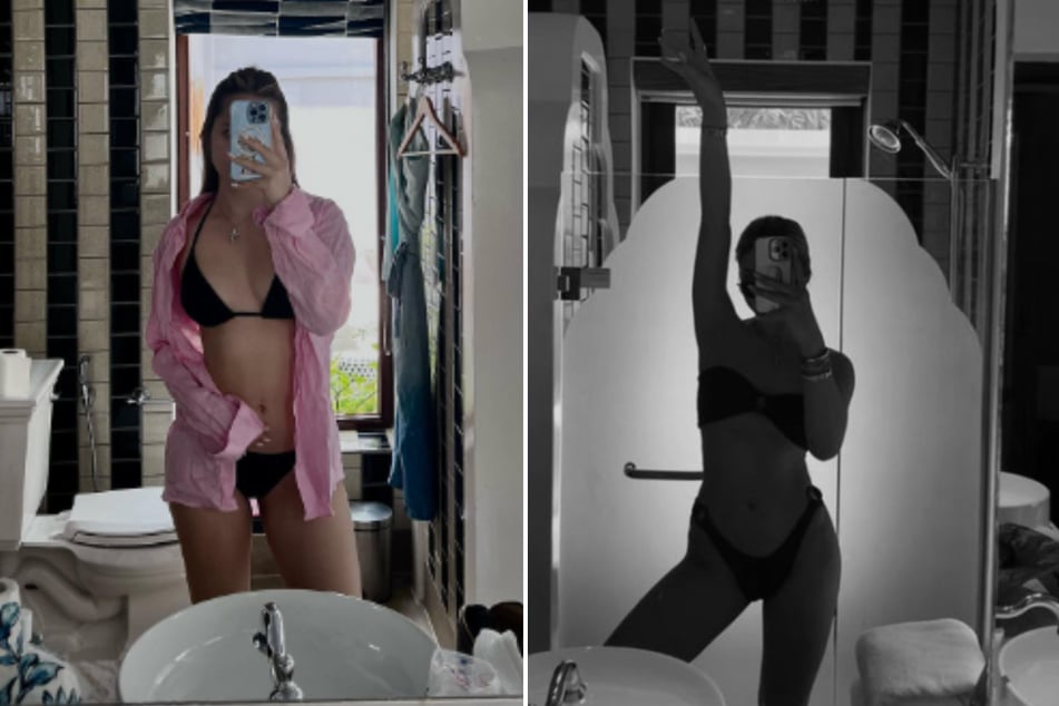 Davina (19, l.) und Shania Geiss (18) teilen nahezu identische Badezimmer-Selfies im Bikini.
