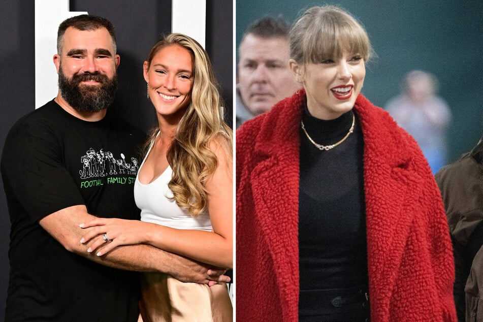 Kylie Kelce recently showed her support for Taylor Swift (r) by liking a post slamming false rumors about an alleged secret marriage.