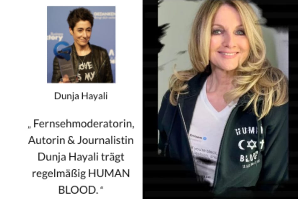 Auf der Webseite wirbt "Human Blood" mit Promis wie etwa Dunja Hayali oder Frauke Ludowig. (Montage/Screenshots)
