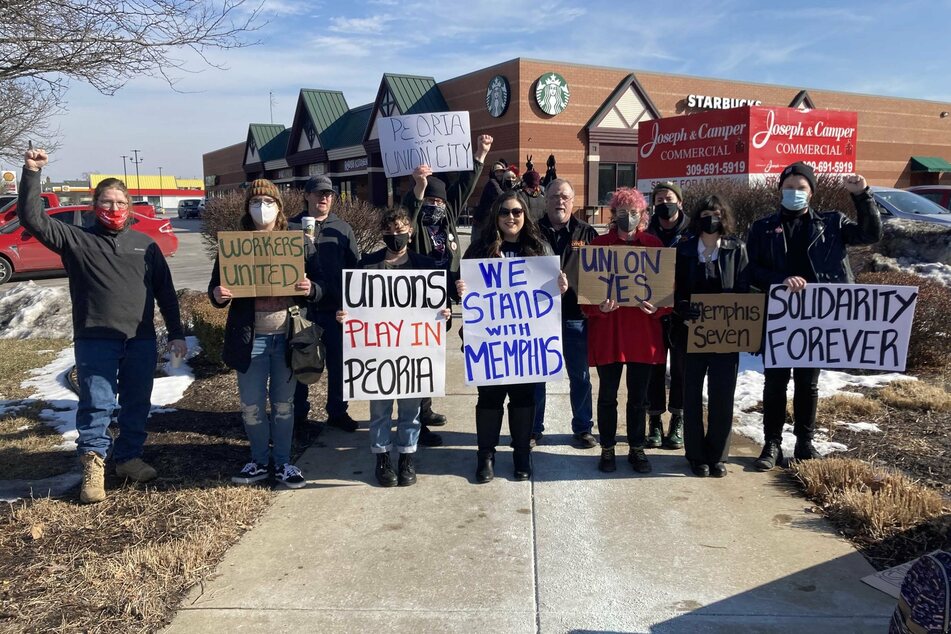 Starbucks workers and allies in Peoria demonstrate outside the University and Main store.