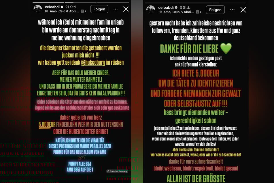 Auf Instagram versprach der Rapper seinen Fans einen Finderlohn für die Identität der Täter.