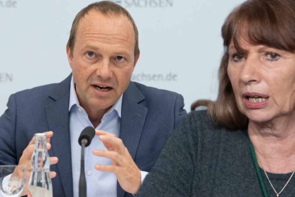 Vizeminister Wolfram Günther (47, Die Grünen, links) spricht über einen Perspektivplan. Gesundheitsministerin Petra Köpping (62, SPD) freut sich, dass es bei den Impfungen voran geht. Doch es gibt Luft nach oben.