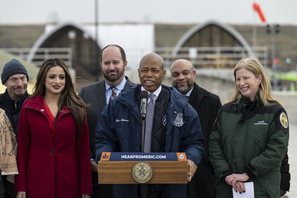 New York City Mayor Eric Adams (c.) speaks during a ribbon-cutting ceremony celebrating the expansion of capacity at the Department of Sanitation (DSNY) Staten Island Compost Facility on January 4, 2024, in New York.