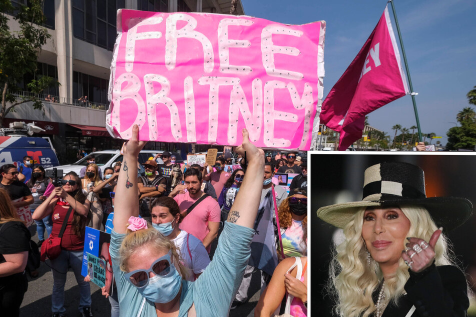 Cher (inset r.) joined thousands of fans voicing support on Wednesday (l.) in favor of the decision to remove Britney Spears' father Jamie as her conservator.
