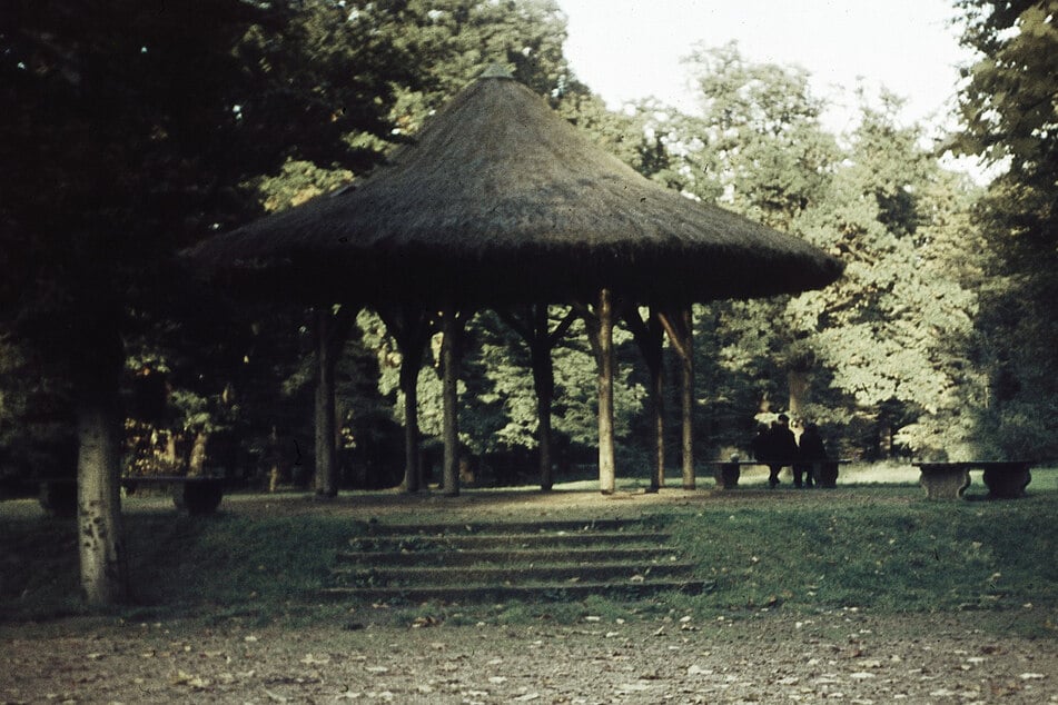 So sah der Pavillon im Großen Garten noch um 1960 aus: mit dünnen Holzbalken und Strohdach.