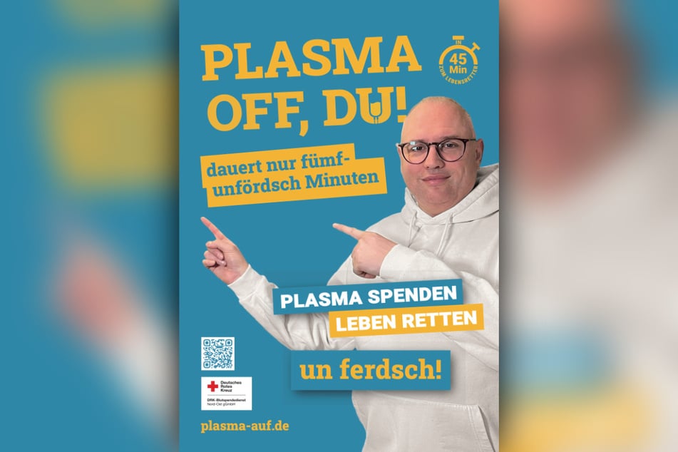 Dieser Aufruf, Blutplasma zu spenden, ist in vielen Straßenbahnwagen sichtbar.