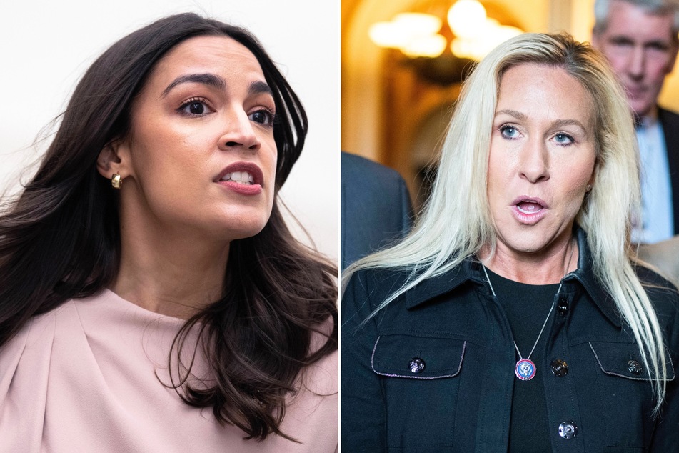 Congresswoman Alexandria Ocasio-Cortez (l.) mocked fellow representative Marjorie Taylor Greene (r.) after she posted a photo of an upside-down flag on social media.