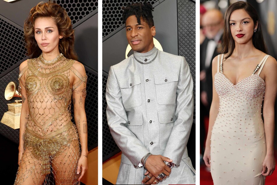 Music's brightest stars, like (from l. to r.) Miley Cyrus, Jon Batiste, and Olivia Rodrigo, rocked up to the 2024 Grammys red carpet in the season's most fashionable revealing metallic gowns, Barbiecore pink, and stark classic white.