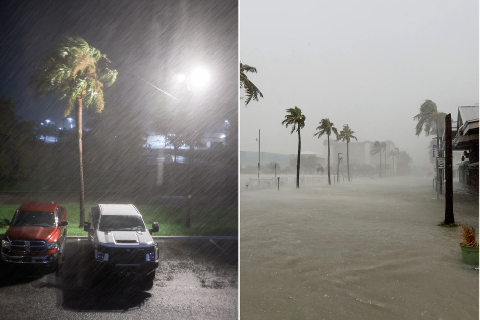 Heavy rains hit Chiefland (l.) and Fort Myers as Hurricane Debby made landfall on Florida's Gulf Coast early Monday.