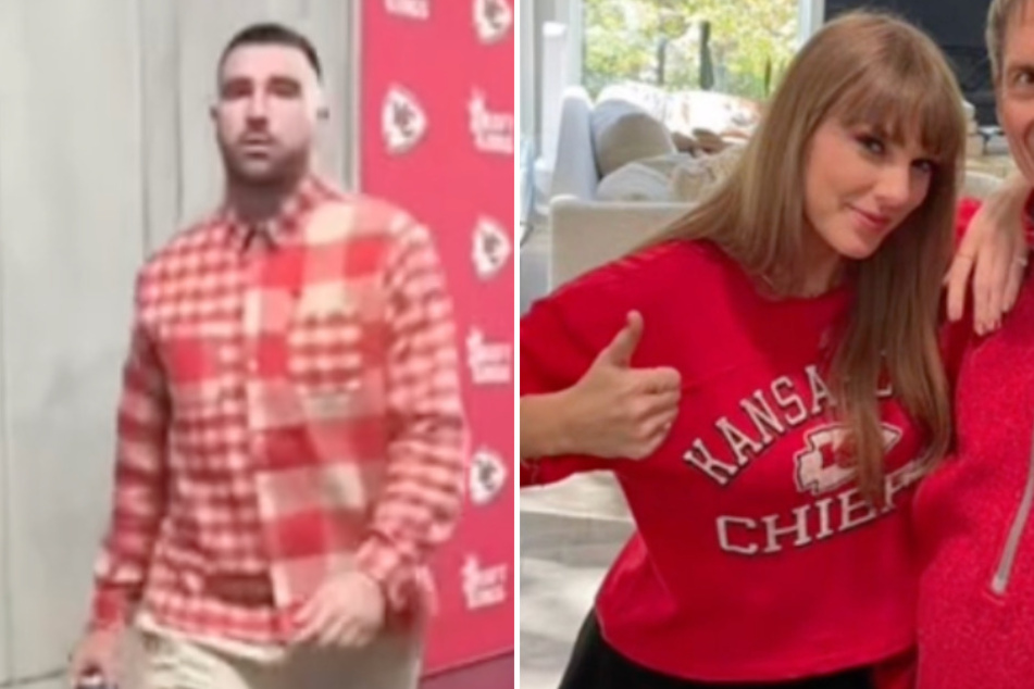 Taylor Swift (r.) has reportedly arrived in Kansas City to watch Travis Kelce (l.) in the Chiefs vs. Chargers game!