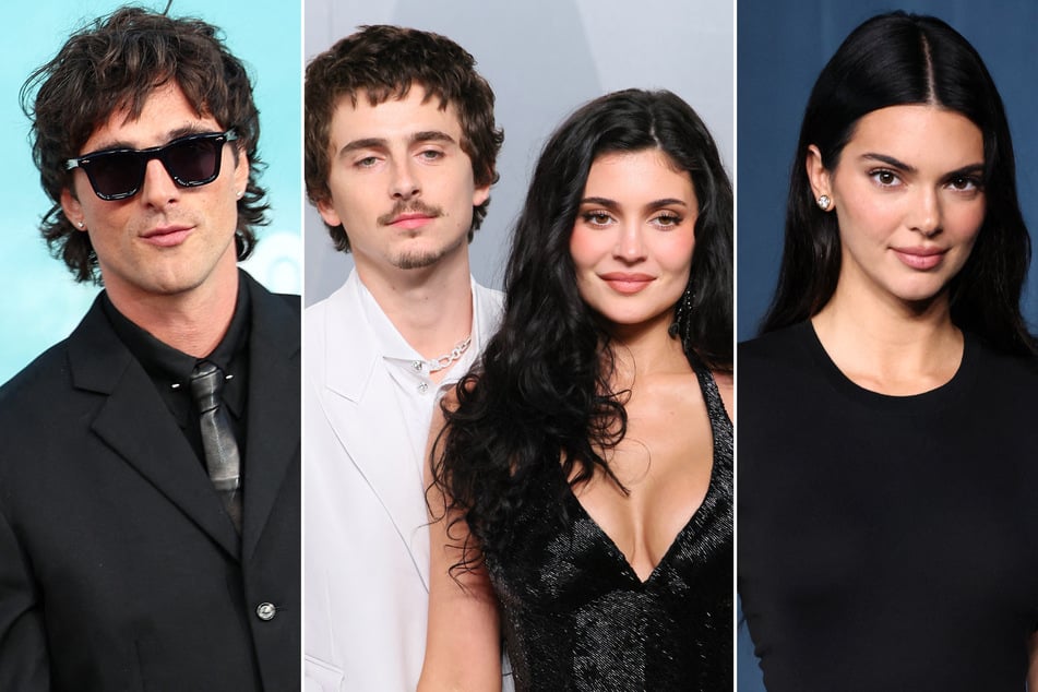 Insiders have dished that Kylie Jenner (center r.) set Kendall (r.) up with Jacob Elordi (l.) after spending time with him on the awards circuit alongside Timothée Chalamet.