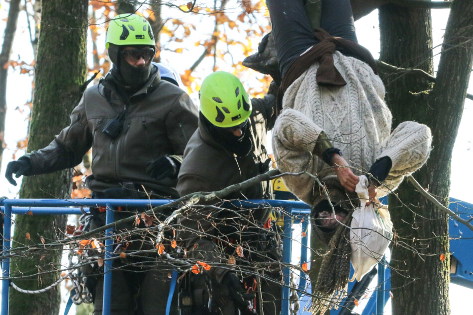 Eine Umweltaktivistin hängt am 18. November kopfüber von einem Baum, während Höhenretter der Polizei versuchen, sie in den Korb eines Hubsteigers zu ziehen.