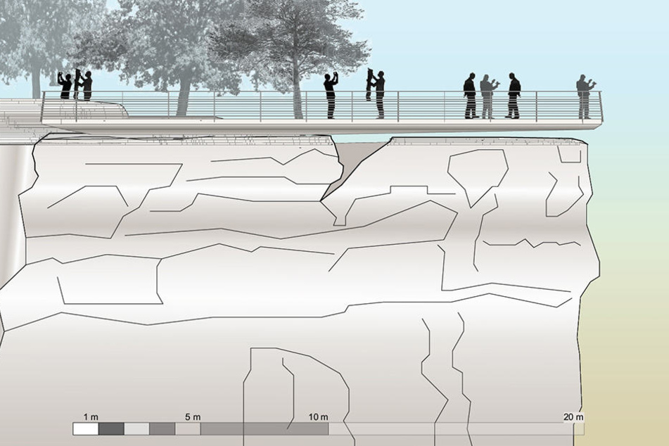 Der geplante Schwebe-Steg ist 20 Meter lang: Knapp acht Meter schweben bis zu 60 Zentimeter über dem porösen Bastei-Felsen. Visualisierung: Staatsbetrieb Sächsisches Immobilien- und Baumanagement.