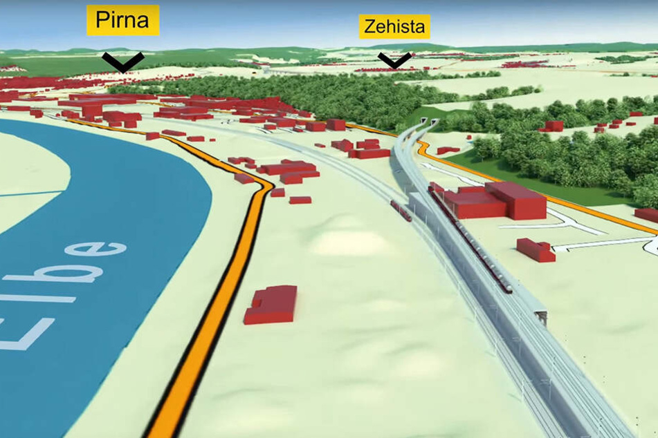 Die Bahnstrecke heute und morgen: Links an der Elbe der jetzige Verlauf, auf dem alle Züge, auch Güter- und Fernzüge fahren. Rechts der Eingang zur unterirdischen Entlastungsstrecke.