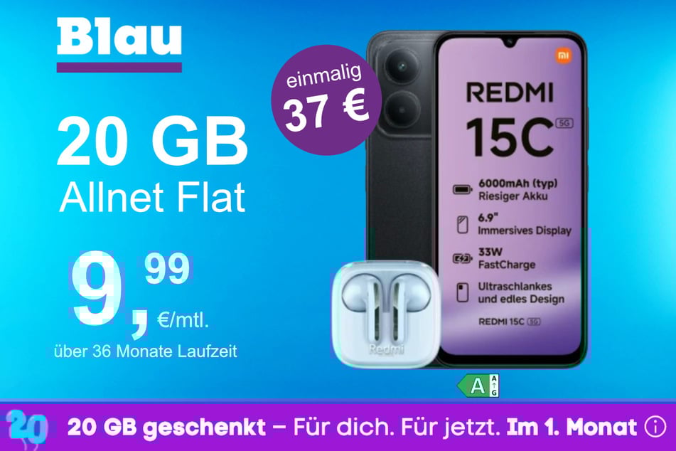 Das Xiaomi Redmi 15C + Buds 6 Active im Blau Allnet M für einmalig 37 Euro.