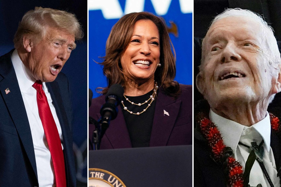 Former President Jimmy Carter (r.) turns 100 in two months, but with the US election falling just after his birthday, he has told family he has a secondary motivation for becoming a centenarian – voting for Kamala Harris (c.) over Republican candidate Donald Trump (l.)