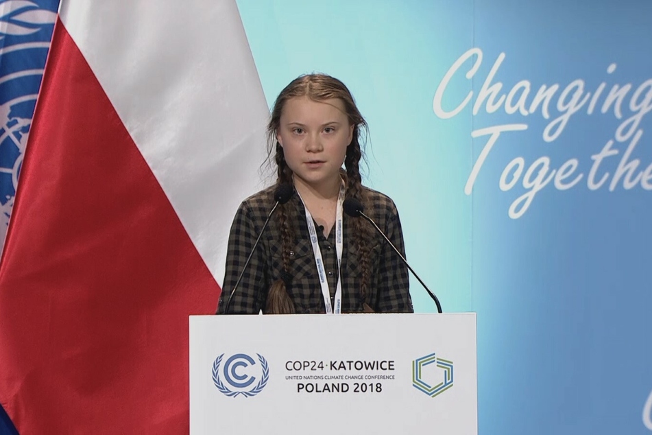 Greta Thunberg bei ihrem ersten öffentlichen Auftritt auf Klimakonferenz im polnischen Katowice 2018.