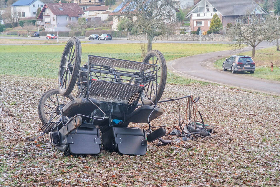 Die umgekippte Pferdekutsche liegt auf eine Wiese, meterweit von der angrenzenden Fahrbahn entfernt.