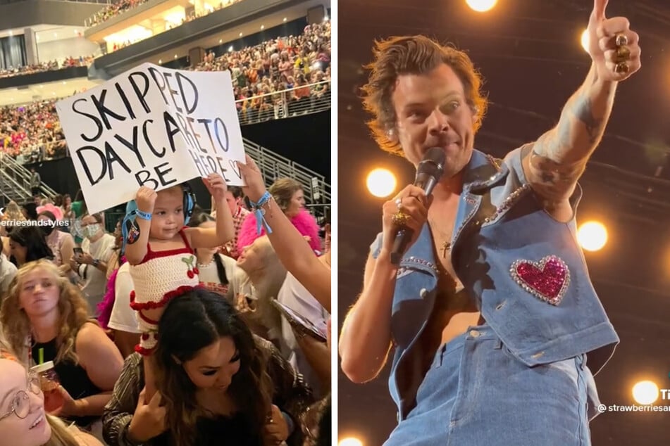 Harry Styles adorably addresses a young fan mid-show: "Look at that tiny thumb!"