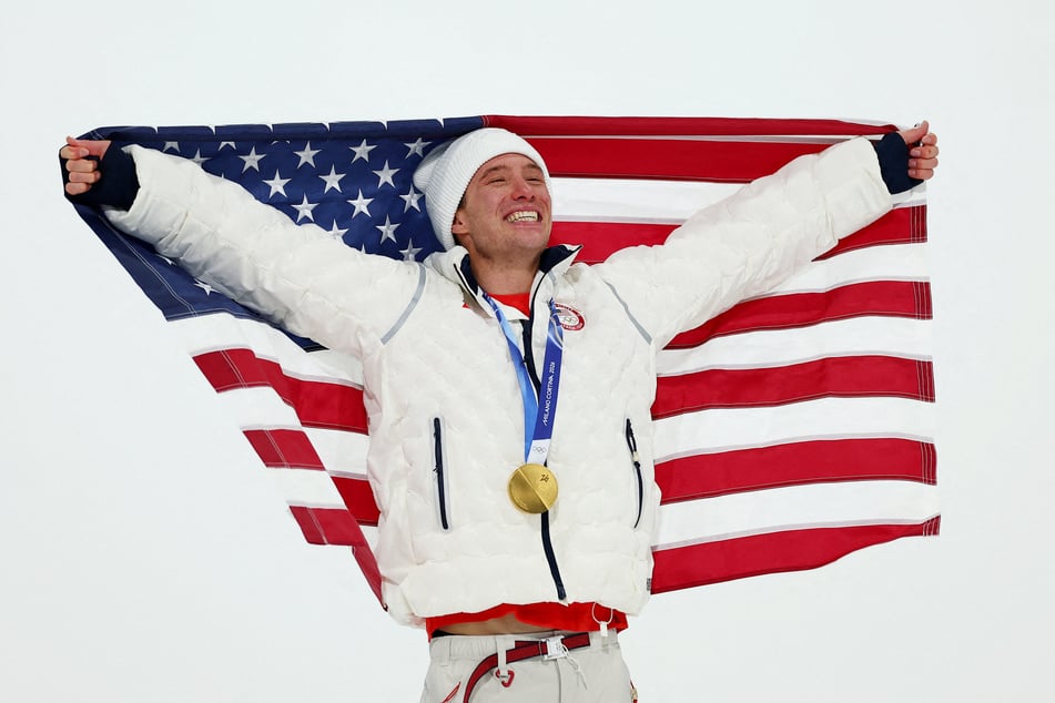 Alex Ferreira celebrates after winning gold medal in the Men's Freeski Halfpipe Final at the Milan Cortina Olympics on February 20, 2026.