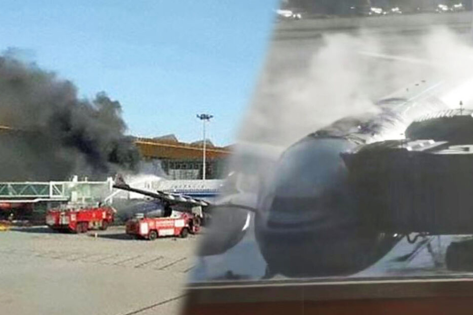 Das Feuer im Airbus A330 von Air China zieht dicke Rauchschawaden mit sich.