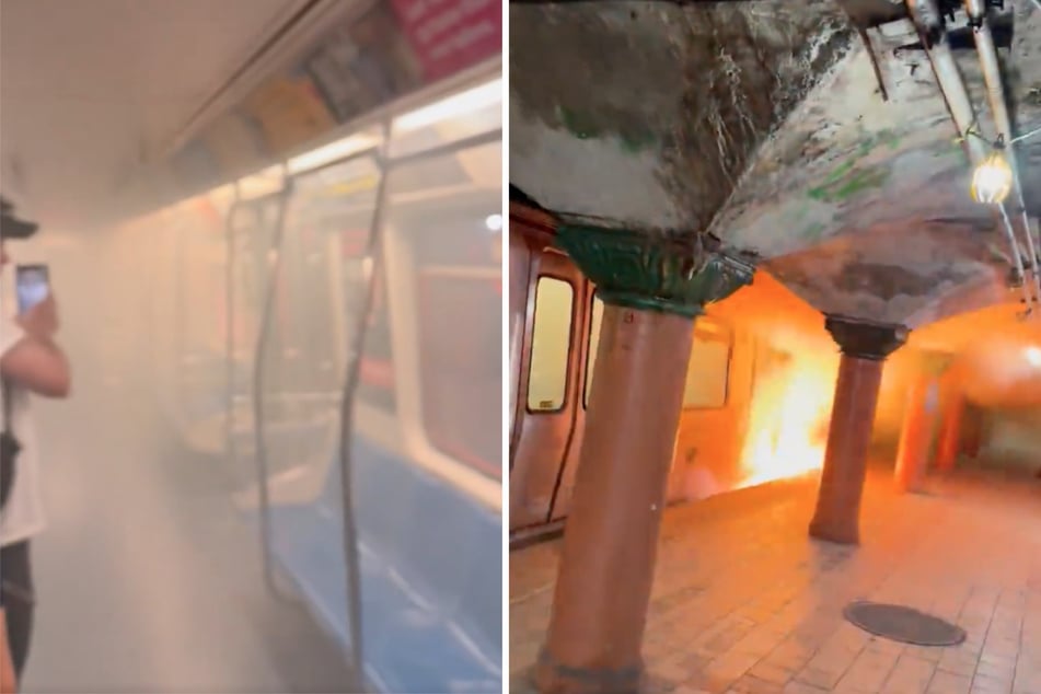 Von innen ist die Bahn von dichtem Rauch erfüllt, von außen schlagen hohe Flammen gegen das Zugabteil.