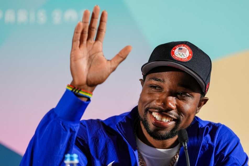 Team USA sprinter Noah Lyles attends a press conference during the Paris Olympic Games.