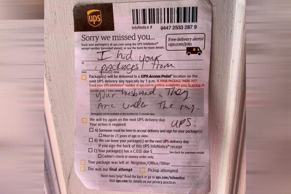 Der UPS-Mann ließ es sich nicht nehmen, der Mutter schriftlich mitzuteilen, wo er das Paket "versteckt" hatte.