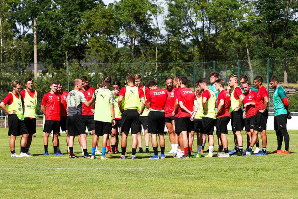 Die Zwickauer, hier beim Training im Teamkreis, lebten im Camp das Wir-Gefühl.