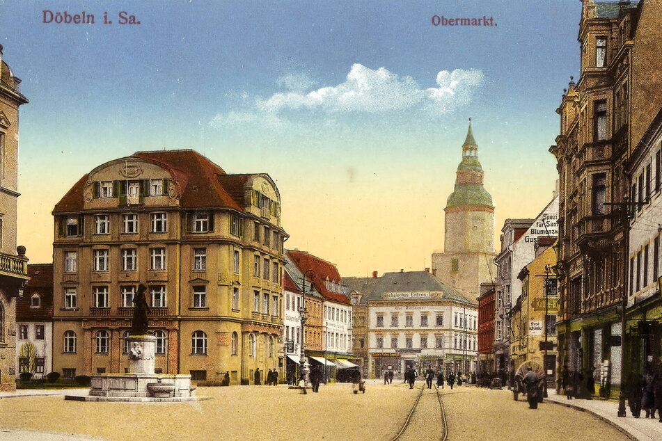 Als Wein- und Likörtradition ein eigenes Geschäft samt Produktionsstätte in der Stadt bekamen: Döbelner Obermarkt im Jahr 1915.