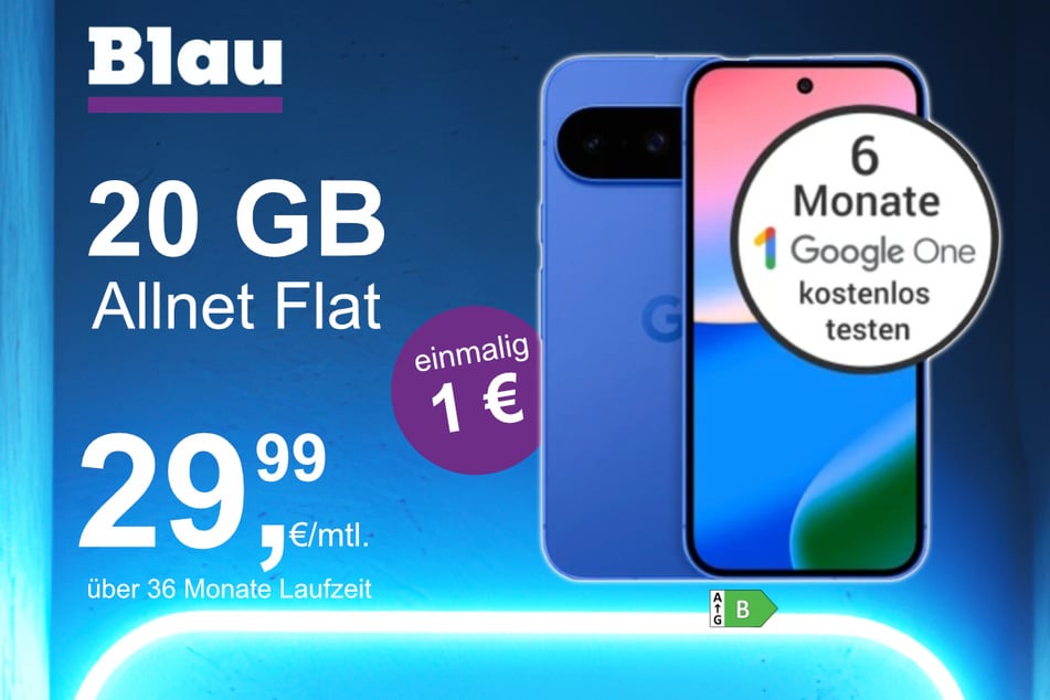 Das Google Pixel 10 im Blau Allnet M für einmalig 1 Euro.