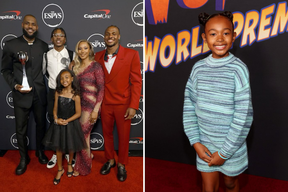 NBA superstar LeBron James' (l.) youngest child, 8-year-old Zhuri (r.), hilariously stole the show at the 2023 ESPYS Awards after saving her mom from a TV slip-up.