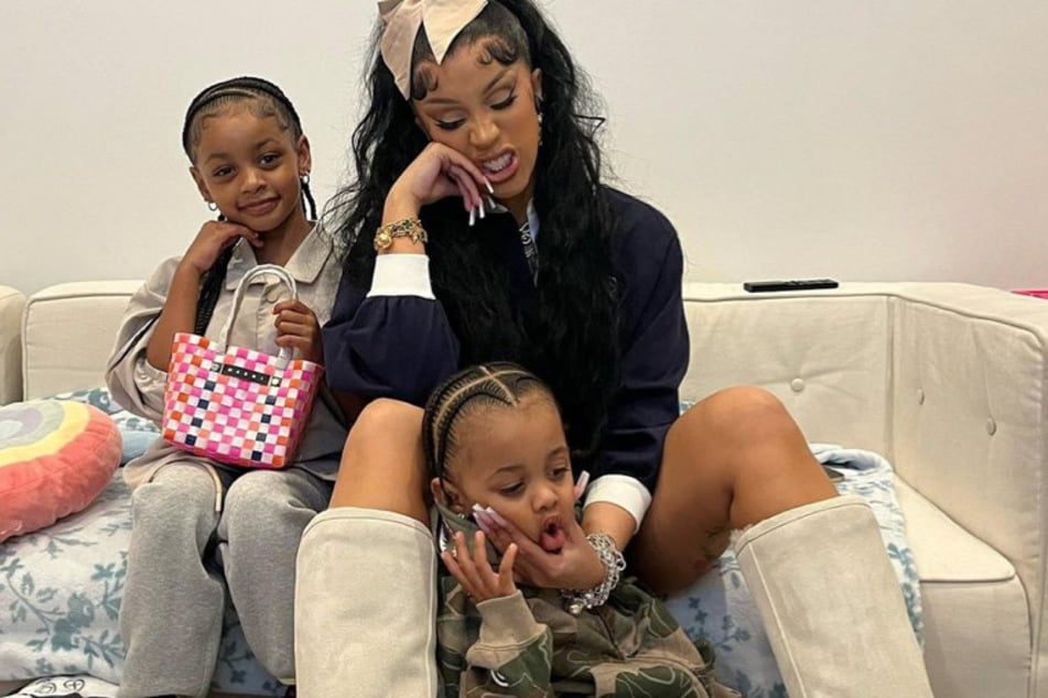 Cardi B had a family day out with Wave and Kulture (l) after welcoming her baby girl.