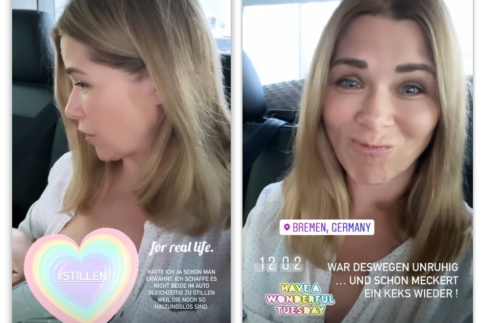Tanja Szewczenko (43) im Mama-Stress: Während sie ein Baby stillt, fängt plötzlich auch das zweite zu jammern an. (Fotomontage)