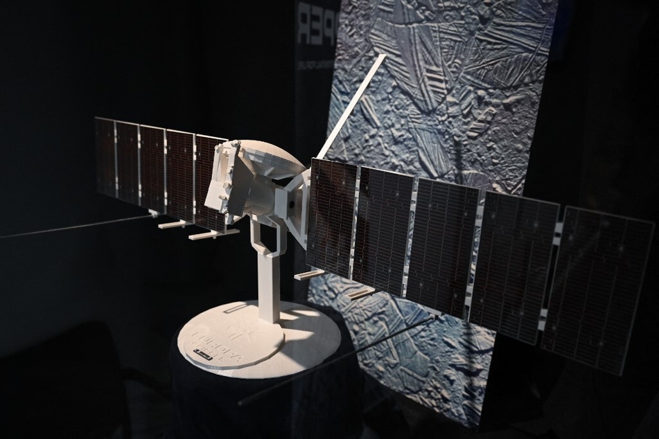 A scale model of the Europa Clipper spacecraft for a mission to Jupiter’s moon Europa is displayed at NASA’s Jet Propulsion Laboratory in Pasadena, California.